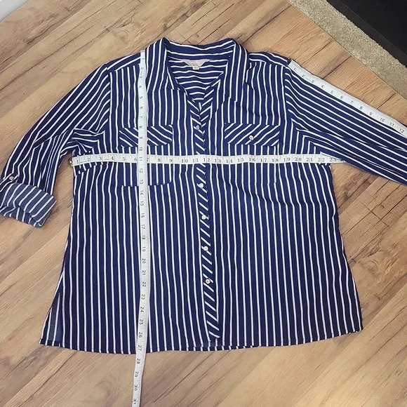 CORAL BAY Blue White Stripe Roll-Tab Pocket Blouse - Picture 9 of 12